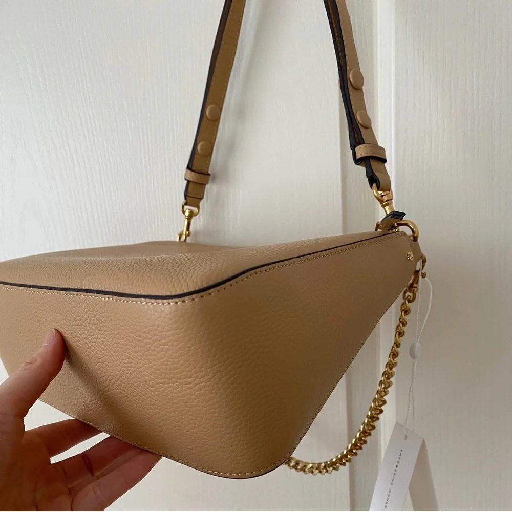$400 NWT Tory Burch Perry Brown Tan Pebble Leather Gold Chain Strap Shoulder Bag